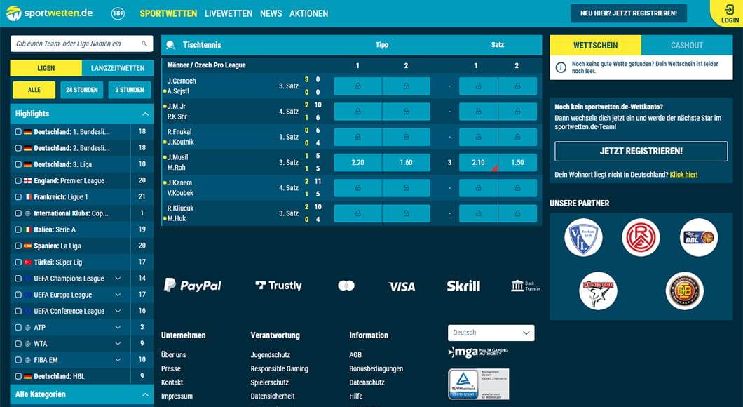 Tischtennis Wetten auf der sportwetten.de Webseite.