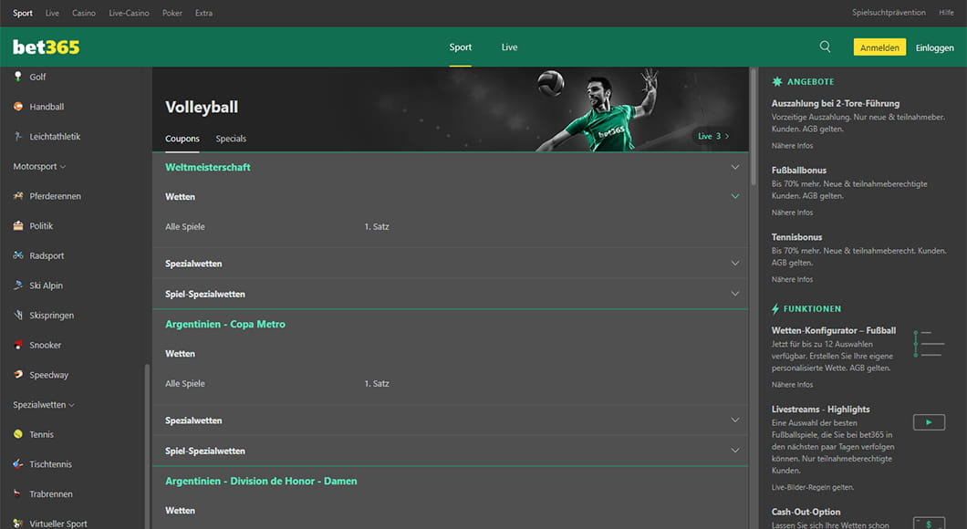 Volleyball Wetten auf der bet365 Webseite.