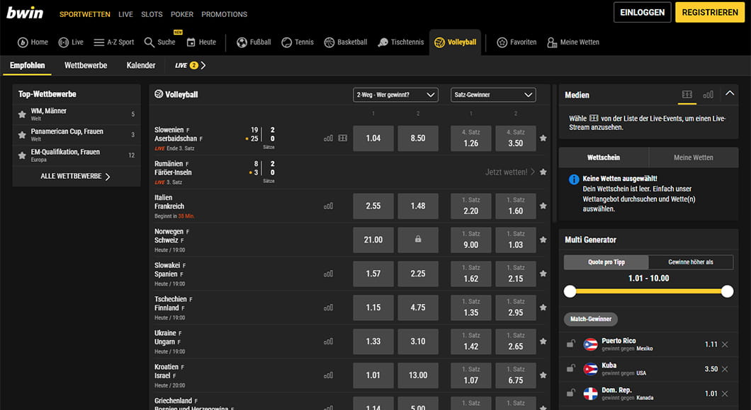 Volleyball Wetten auf der bwin Webseite.