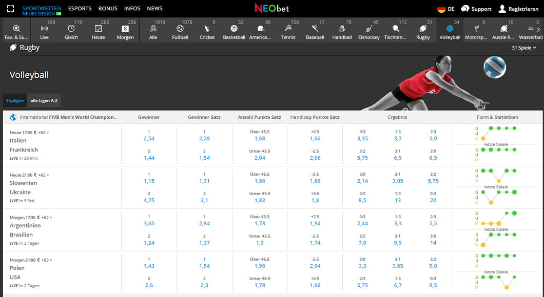 Volleyball Wetten auf der NEO.bet Webseite.