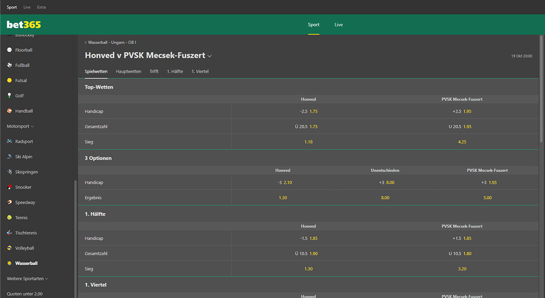 Wasserball Wetten auf der bet365 Webseite.