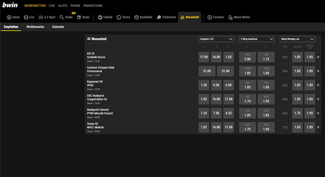 Wasserball Wetten auf der bwin Webseite.