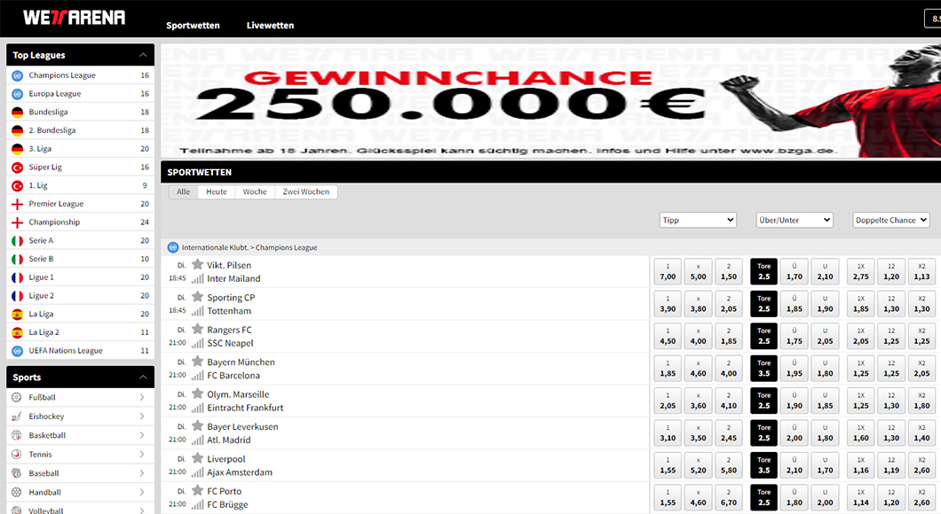 Die Wettarena Webseite mit dem Sportwetten Angebot