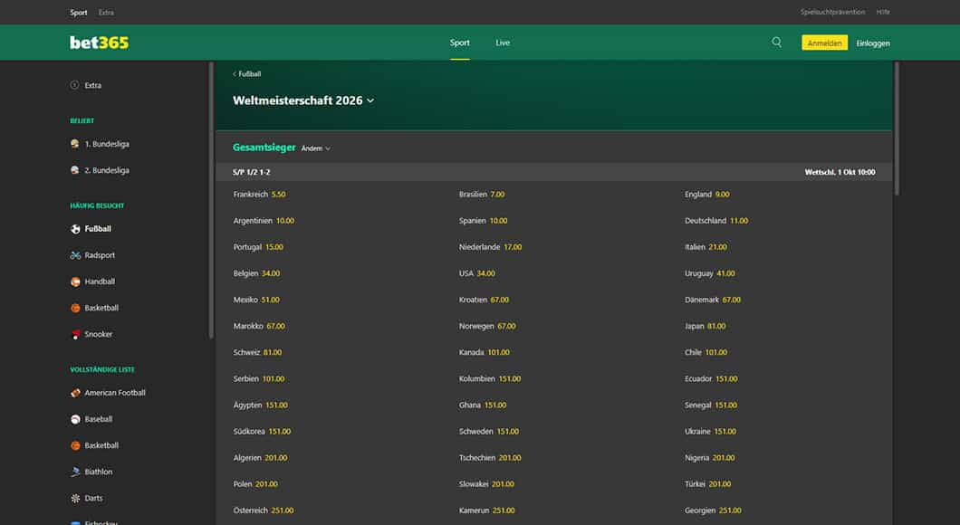  Fußball WM Wetten auf der bet365 Homepage.