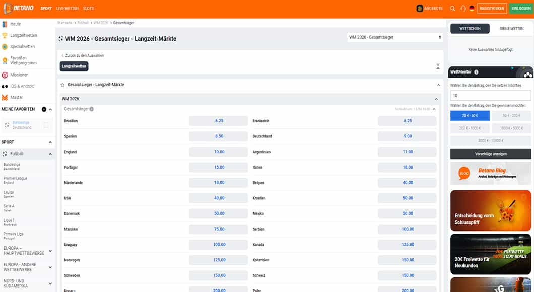  Fußball WM Wetten auf der Betano Homepage.
