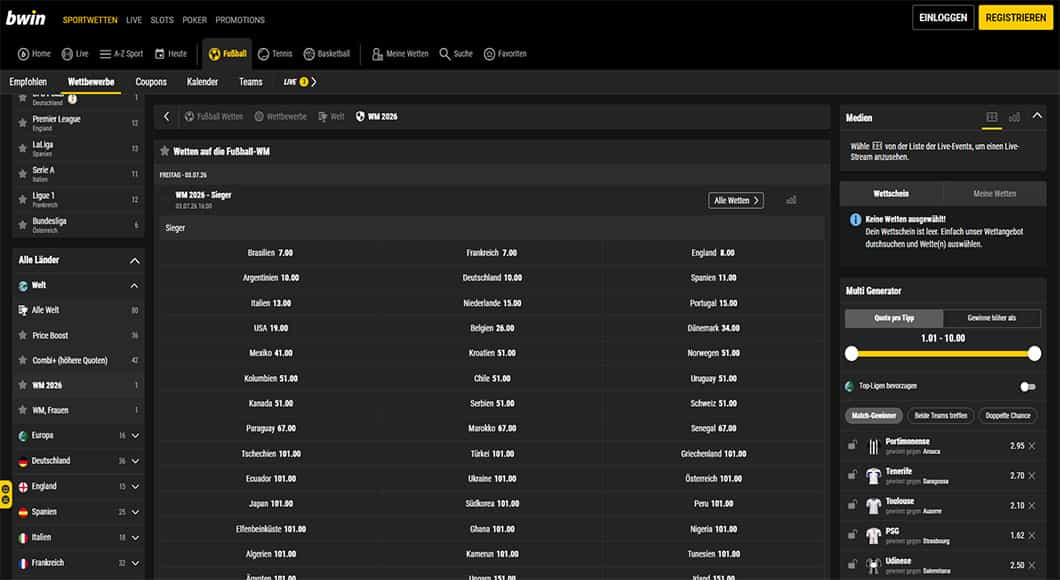 Fußball WM Wetten auf der bwin Homepage.